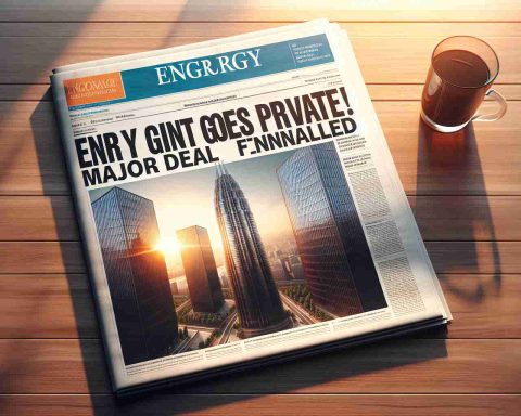 Generate a photo-realistic image in high-definition of a newspaper headline that reads 'Energy Giant Goes Private! Major Deal Finalized'. This should include a picture of an iconic tall building representing a corporate office, and the front page of a newspaper with the mentioned headline, spread out on a wooden table in the early morning sunlight.