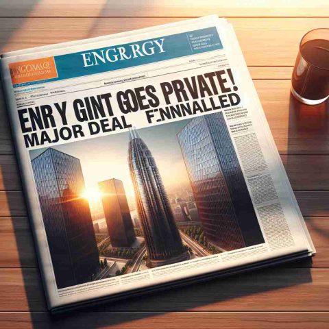 Generate a photo-realistic image in high-definition of a newspaper headline that reads 'Energy Giant Goes Private! Major Deal Finalized'. This should include a picture of an iconic tall building representing a corporate office, and the front page of a newspaper with the mentioned headline, spread out on a wooden table in the early morning sunlight.