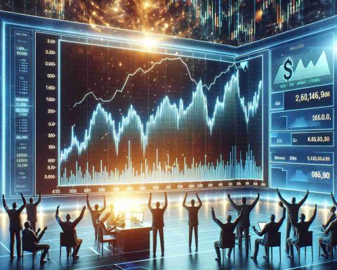 Create a high-definition, realistic image depicting a scene of astonishing stock market success. This scene could include a graph on a digital screen showing a sharp upward trend, denoting that a particular company's shares have surged significantly. The surroundings should convey an atmosphere of celebration, indicating a substantial financial triumph.