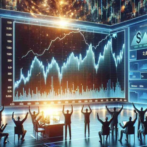 Create a high-definition, realistic image depicting a scene of astonishing stock market success. This scene could include a graph on a digital screen showing a sharp upward trend, denoting that a particular company's shares have surged significantly. The surroundings should convey an atmosphere of celebration, indicating a substantial financial triumph.