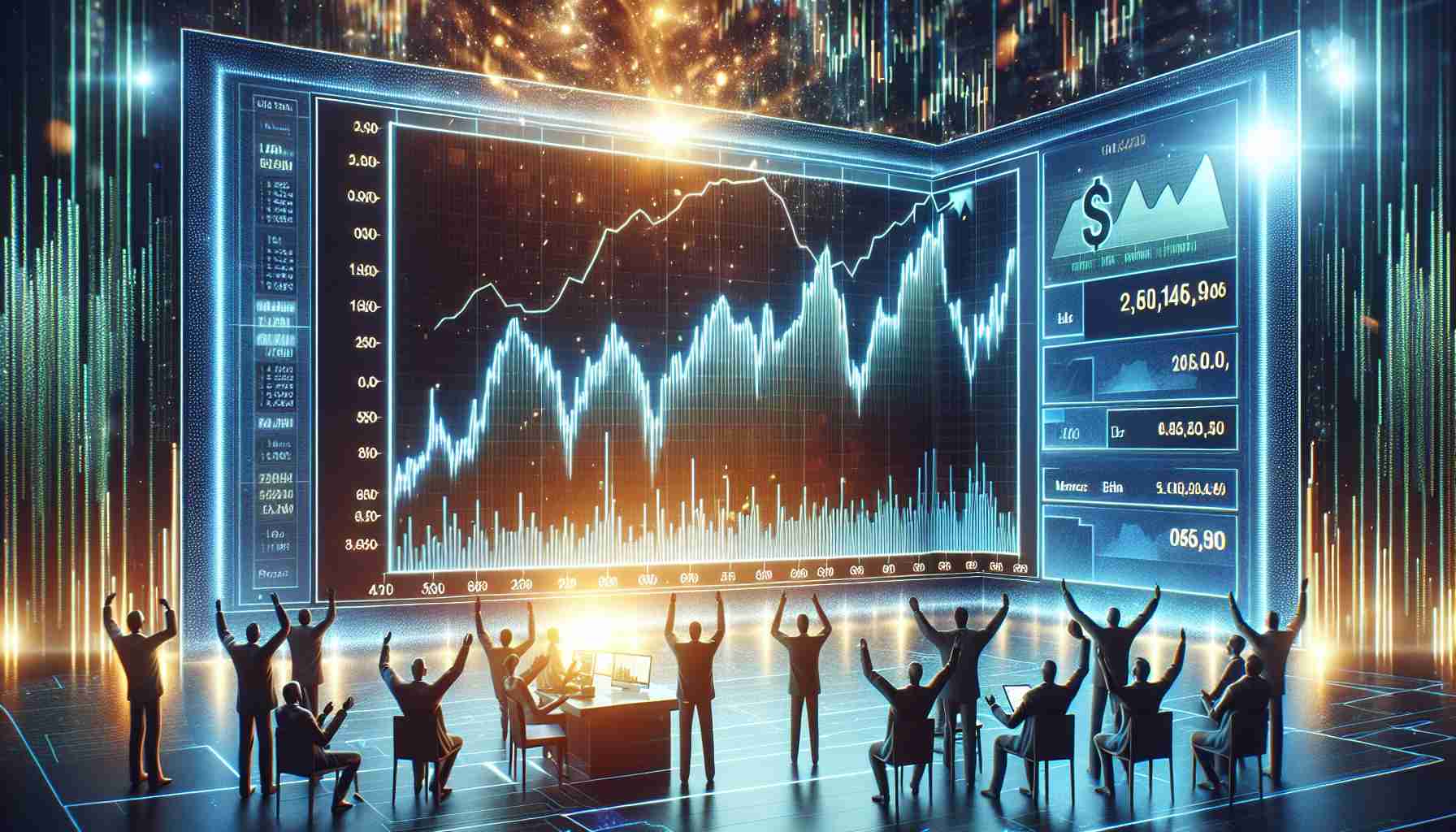 Create a high-definition, realistic image depicting a scene of astonishing stock market success. This scene could include a graph on a digital screen showing a sharp upward trend, denoting that a particular company's shares have surged significantly. The surroundings should convey an atmosphere of celebration, indicating a substantial financial triumph.