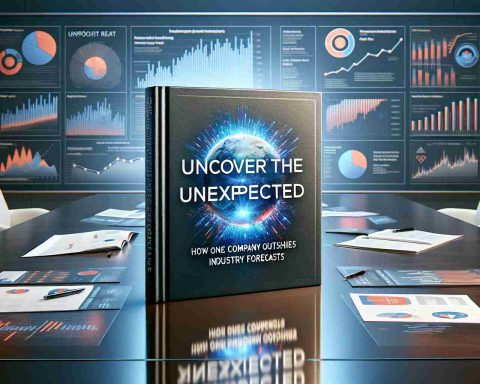 A realistic, high-definition image visualization. In the center, there's a large book with the title 'Uncover the Unexpected: How One Company Outshines Industry Forecasts' embellished on the cover. The surrounding setting mimics a corporate environment with a sleek glass table reflecting the book. In the background, various infographics displaying successful business trends and positive growth charts subtly hint at a thriving industry, providing a context to the main subject.