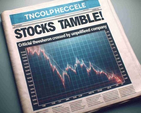 An HD image of a newspaper front page. The headline reads 'Stocks Tumble! Crucial Threshold Crossed by Unspecified Company'. Below the headline is a chart showing a sharp decline in stock prices. The entire layout showcases a sense of urgency and surprise, indicating the unpredictability of the stock market.