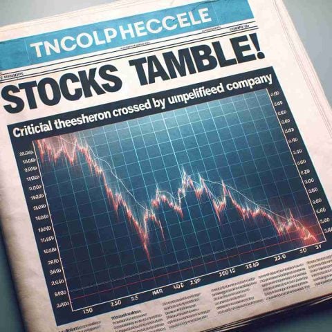 An HD image of a newspaper front page. The headline reads 'Stocks Tumble! Crucial Threshold Crossed by Unspecified Company'. Below the headline is a chart showing a sharp decline in stock prices. The entire layout showcases a sense of urgency and surprise, indicating the unpredictability of the stock market.