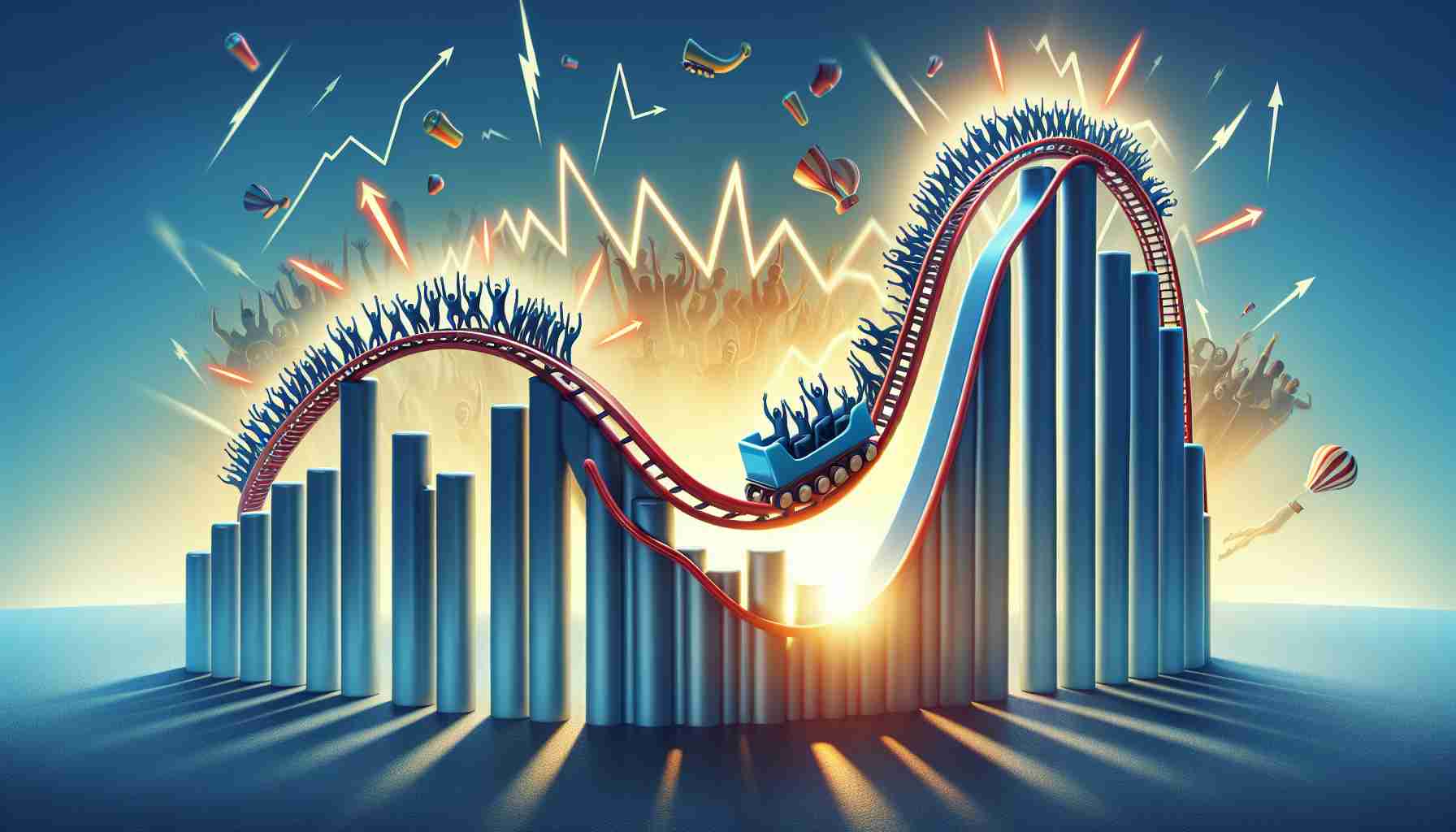 Generate a high-definition, realistic image showcasing the visual metaphor of a market rebound after a dramatic slide. The scene should vividly represent a sudden and unexpected shift, leading to a surprising turnaround. This might be depicted by a rollercoaster-like graph dramatically plunging before making a swift, surprising upward turn. Surrounding the graph, one might see symbols of optimism, like bright sunlight or cheering crowds, to capture the surprising positive turn of events.