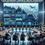 Realistic high-definition image of a metaphorical slide representing the downward trend of a technology company's shares. The scene includes investors showing various reactions to a projection board displaying key forecasts.