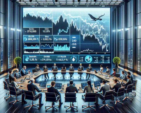 Realistic high-definition image of a metaphorical slide representing the downward trend of a technology company's shares. The scene includes investors showing various reactions to a projection board displaying key forecasts.