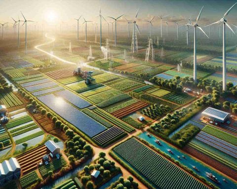 A hyper-realistic image in high-definition, depicting an interpretation of India's Green Revolution 2.0 under the concept of a sustainable powerhouse. Imagine expansive fields rich with a diverse variety of crops, dotted with state-of-the-art irrigation and sustainable farming equipment. Solar panels and wind turbines stand majestically in the distance, symbolizing a harmonious confluence of agricultural productivity and clean energy. The perspective should suggest a panorama, providing a bird's-eye view to grasp the full extent of the transformed landscape, demonstrating India's commitment to sustainable practices.