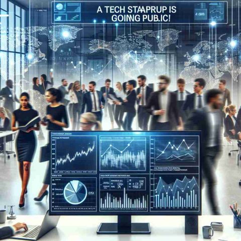 Visual representation of a bold move by a technological startup. The imagery should portray a modern office setting brimming with technology and innovation, including charts and graphs that indicate strong growth. There should be a diverse mix of male and female employees hustling in the background, displaying a mix of Caucasian, Hispanic, Black, Middle-Eastern, and South Asian descents. A monitor in the forefront should highlight a news headline reading 'A Tech Startup is Going Public!' This should illustrate the company's audacious step towards the public market in high-definition realism.