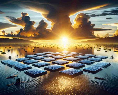 Create a high-definition realistic image showing a massive solar technology innovation in Indonesia. The image should showcase floating solar panels in a water body, implicitly symbolizing a revolution in renewable energy. Panoramic view of the setting sun, casting long shadows and sparkling reflections on the water surface, escalating the overall aesthetic of the image. Include bystanders on the shore, representing various descents, all in awe of this stunning progressive leap in energy generation.