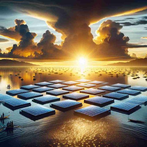 Create a high-definition realistic image showing a massive solar technology innovation in Indonesia. The image should showcase floating solar panels in a water body, implicitly symbolizing a revolution in renewable energy. Panoramic view of the setting sun, casting long shadows and sparkling reflections on the water surface, escalating the overall aesthetic of the image. Include bystanders on the shore, representing various descents, all in awe of this stunning progressive leap in energy generation.