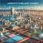 Create a realistic and high-definition illustration depicting the progress and development in Morocco, symbolic of the country's ambitions and readiness for the year 2030. Visualize a flourishing city with modern architecture and infrastructure, alternative energy resources, and thriving local culture, embodying the concept of 'Morocco's Brilliant Gamble'.