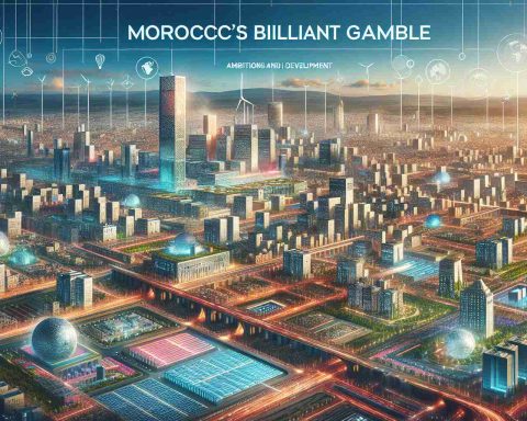 Create a realistic and high-definition illustration depicting the progress and development in Morocco, symbolic of the country's ambitions and readiness for the year 2030. Visualize a flourishing city with modern architecture and infrastructure, alternative energy resources, and thriving local culture, embodying the concept of 'Morocco's Brilliant Gamble'.