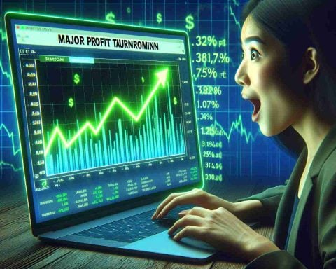 Generate a high-definition, realistic image capturing the concept of a 'Major Profit Turnaround'. Imagine a desktop with an unexpected, positive earnings report open on a laptop screen. There could be neon green line graphs showing a sharp rise in profits, reflecting the impressive turnaround, along with a surprised expression on the face of an Asian female analyst gazing at the screen.