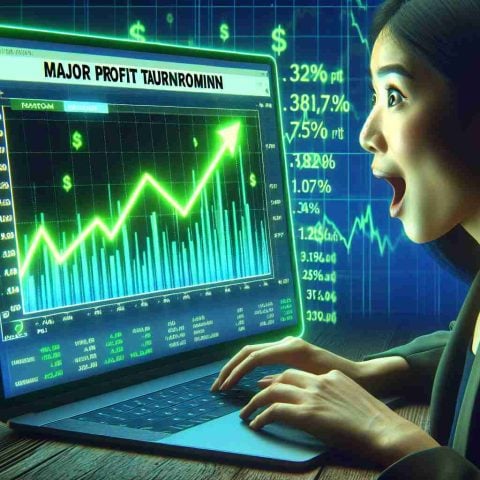 Generate a high-definition, realistic image capturing the concept of a 'Major Profit Turnaround'. Imagine a desktop with an unexpected, positive earnings report open on a laptop screen. There could be neon green line graphs showing a sharp rise in profits, reflecting the impressive turnaround, along with a surprised expression on the face of an Asian female analyst gazing at the screen.