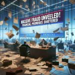 A high-definition, photorealistic image illustrating a breaking news headline: 'Massive Fraud Unveiled! Financial Promises Shattered'. The image may contain a drama-filled corporate backdrop with scattered documents, upset investors/stakeholders, and a general aura of chaos and disorder symbolizing the shattered financial promises. No specific individuals should be depicted in the scene.