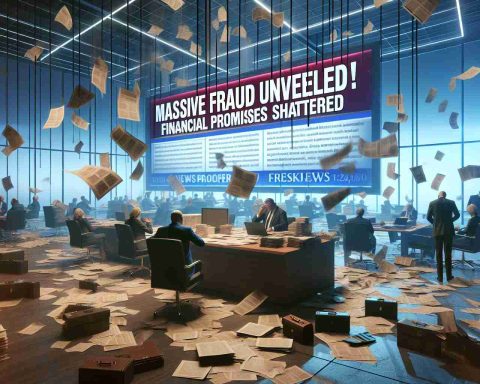 A high-definition, photorealistic image illustrating a breaking news headline: 'Massive Fraud Unveiled! Financial Promises Shattered'. The image may contain a drama-filled corporate backdrop with scattered documents, upset investors/stakeholders, and a general aura of chaos and disorder symbolizing the shattered financial promises. No specific individuals should be depicted in the scene.