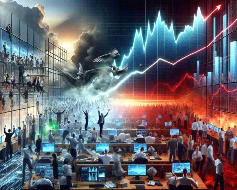 A highly detailed, HD image depicting the concept of huge betting stakes in the world of artificial intelligence. One side of the image portrays a scene of massive profits, featuring a bustling office environment where everyone is excited and the graph in the background showing a sharp upward trend. The other side portrays possibilities of huge losses, the office environment is somber, employees are looking worried with a graph in the background showing a downward plunge. Please do not include any specific people or personalities in the image.