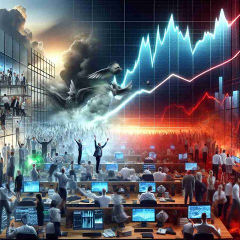 A highly detailed, HD image depicting the concept of huge betting stakes in the world of artificial intelligence. One side of the image portrays a scene of massive profits, featuring a bustling office environment where everyone is excited and the graph in the background showing a sharp upward trend. The other side portrays possibilities of huge losses, the office environment is somber, employees are looking worried with a graph in the background showing a downward plunge. Please do not include any specific people or personalities in the image.