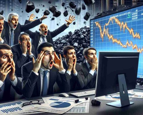 Realistic high definition image of a dramatic financial scene illustrating a major drop in value of a coal stock. The scene depicts investors displaying strong reactions to shocking, unexpected financial numbers. Perhaps some investors can be seen looking at computer screens or holding pieces of paper with charts demonstrating the significant drop, their faces registering surprised, stunned expressions due to the sudden drop in coal stock value.