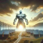 Create a realistic, high-definition image that illustrates the concept of an 'Energy Revolution.' This image should ideally depict the awakening of a colossal figure, perhaps a giant, which is symbolic for the energy transformation. The giant could be made from materials representing renewable energy sources like solar panels, wind turbines, and hydroelectric power structures. The setting is a vast landscape at dawn, symbolizing the 'waking up' aspect. Please refrain from inserting any text into the image.