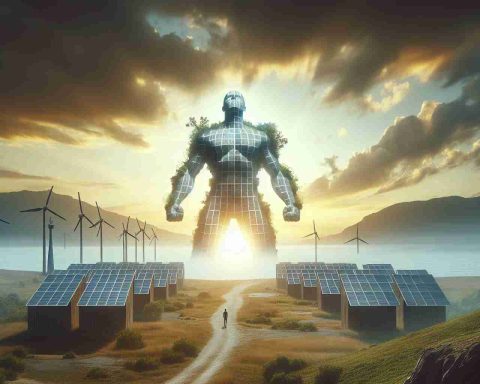 Create a realistic, high-definition image that illustrates the concept of an 'Energy Revolution.' This image should ideally depict the awakening of a colossal figure, perhaps a giant, which is symbolic for the energy transformation. The giant could be made from materials representing renewable energy sources like solar panels, wind turbines, and hydroelectric power structures. The setting is a vast landscape at dawn, symbolizing the 'waking up' aspect. Please refrain from inserting any text into the image.