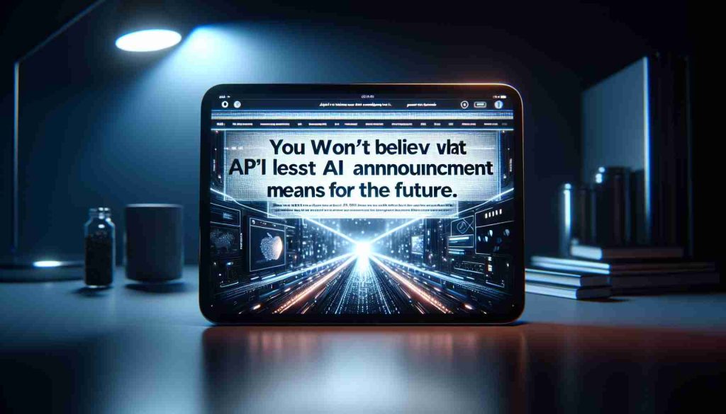 A high-definition realistic image of the headline 'You Won't Believe What Apple's Latest AI Announcement Means for the Future' on the interface of a modern digital device such as a tablet or a laptop. The screen brightness contrasts with a dim-lit background, emphasizing the startling revelation in the world of artificial intelligence.