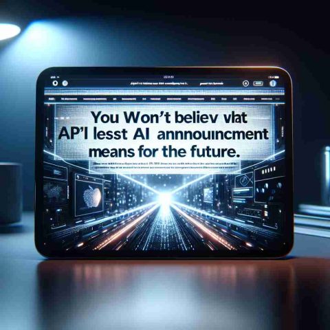 A high-definition realistic image of the headline 'You Won't Believe What Apple's Latest AI Announcement Means for the Future' on the interface of a modern digital device such as a tablet or a laptop. The screen brightness contrasts with a dim-lit background, emphasizing the startling revelation in the world of artificial intelligence.