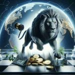 A high-definition, realistic image portraying a symbolic representation of a financial technology company making a bold step forward, potentially disrupting global markets. The visualization could include a powerful lion, symbolizing the FinTech company, stepping onto a chessboard representing global markets. Hidden within the chessboard could be a world map, subtly implying the global scale of the disruption.