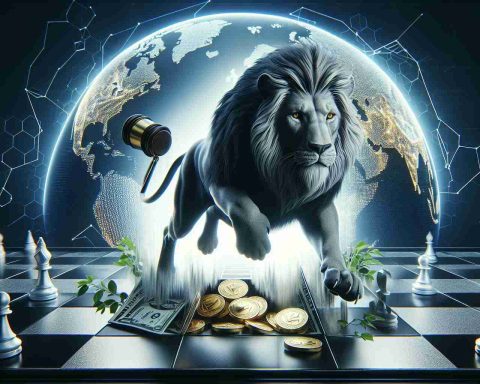 A high-definition, realistic image portraying a symbolic representation of a financial technology company making a bold step forward, potentially disrupting global markets. The visualization could include a powerful lion, symbolizing the FinTech company, stepping onto a chessboard representing global markets. Hidden within the chessboard could be a world map, subtly implying the global scale of the disruption.