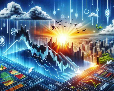 Create a high-definition image embodying the concept of a technology stock market shock. Illustrate falling graphs and numbers to depict the plunge, alongside relevant financial news updates. However, integrate symbols of optimism such as sunrise, clear skies or green elements to convey the hopeful outlook of analysts.