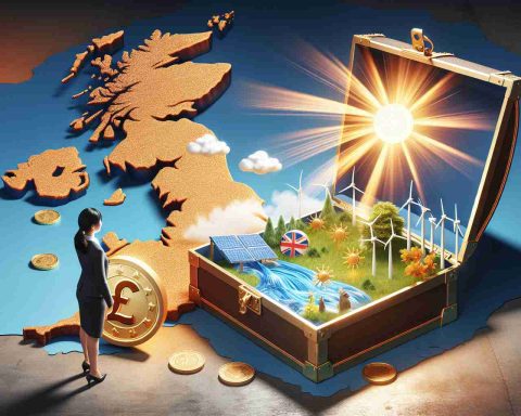 Visual representation of discovering the untapped potential, symbolized by an open treasure chest exposing a shining sunlight against the backdrop of the United Kingdom map. The chest is filled with elements symbolizing renewable energy such as sun for solar energy, wind turbines for wind energy, and water waves for hydroelectric power. Nearby, you see a person, an Asian woman in a business suit, holding an oversized gold coin inscribed with a pound symbol, illustrating the idea that investing in renewable energy in UK pays off.