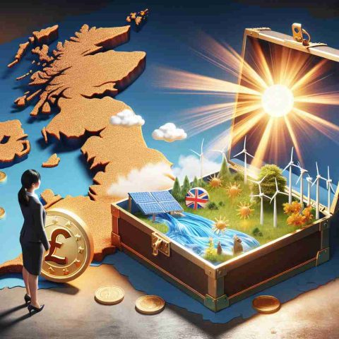 Visual representation of discovering the untapped potential, symbolized by an open treasure chest exposing a shining sunlight against the backdrop of the United Kingdom map. The chest is filled with elements symbolizing renewable energy such as sun for solar energy, wind turbines for wind energy, and water waves for hydroelectric power. Nearby, you see a person, an Asian woman in a business suit, holding an oversized gold coin inscribed with a pound symbol, illustrating the idea that investing in renewable energy in UK pays off.