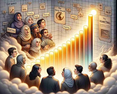 A detailed and carefully crafted illustration showing the concept of energy stock market. A diverse group of investors -- a Middle-Eastern woman, a Hispanic man, and a South Asian individual -- all anxious but hopeful as they place their monetary bets on a prospective energy company. The metaphorical representation of the 'heating' part of the stock market is shown by a large bar graph enveloped in soft, warm glow, each bar indicating a different energy stock. The top of the graph is labeled 'the market' and the highest bar on the graph has a tag reading 'The Heating Stock'.