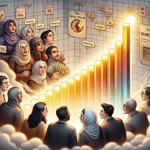 A detailed and carefully crafted illustration showing the concept of energy stock market. A diverse group of investors -- a Middle-Eastern woman, a Hispanic man, and a South Asian individual -- all anxious but hopeful as they place their monetary bets on a prospective energy company. The metaphorical representation of the 'heating' part of the stock market is shown by a large bar graph enveloped in soft, warm glow, each bar indicating a different energy stock. The top of the graph is labeled 'the market' and the highest bar on the graph has a tag reading 'The Heating Stock'.