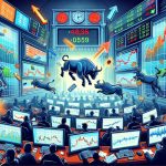 An HD illustration displaying a significant shift in the dynamics of an Indian stock exchange. Display monitors showcasing flashy graphs and numbers, frantic traders and brokers trying to keep up with the fast-paced market, and prominent symbols of the Indian stock market such as the Bombay Stock Exchange and a bull and bear figure to signify market trends.