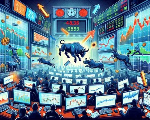 An HD illustration displaying a significant shift in the dynamics of an Indian stock exchange. Display monitors showcasing flashy graphs and numbers, frantic traders and brokers trying to keep up with the fast-paced market, and prominent symbols of the Indian stock market such as the Bombay Stock Exchange and a bull and bear figure to signify market trends.