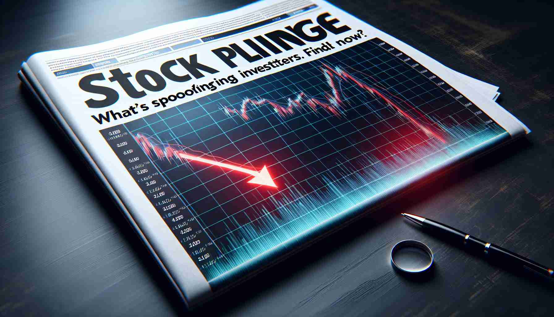 A high-definition, realistic image illustrating a sharp drop in stock market values, symbolized by a plunging red arrow on a financial graph. The graph shows a steep downward trend in stock values, causing anxiety among investors. The scene also includes a headline in bold, impact font that overlays the image and reads: "Stock Plunge: What's Spooking Investors? Find Out Now."