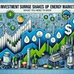 Create a detailed and realistic HD image depicting the surge in investment shaking up the energy market. Include a variety of symbolic elements such as upward trending graphs, dollar signs, and energy icons like wind turbines, solar panels, and oil rigs. Add a banner headline in bold text stating 'Investment Surge Shakes Up Energy Market: What You Need to Know'. Make sure to incorporate traditional financial colors like blue and green to imply growth and prosperity.