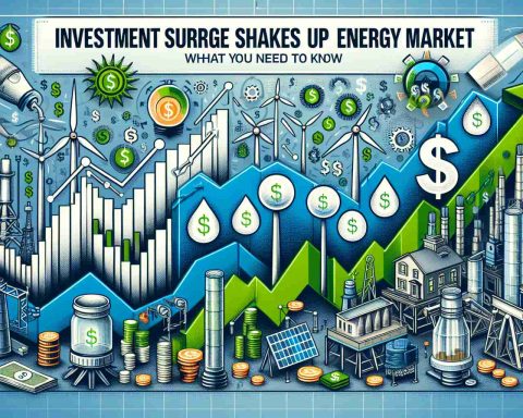 Create a detailed and realistic HD image depicting the surge in investment shaking up the energy market. Include a variety of symbolic elements such as upward trending graphs, dollar signs, and energy icons like wind turbines, solar panels, and oil rigs. Add a banner headline in bold text stating 'Investment Surge Shakes Up Energy Market: What You Need to Know'. Make sure to incorporate traditional financial colors like blue and green to imply growth and prosperity.