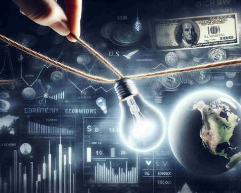 Generate a high-definition, realistic image that symbolically depicts the theme 'The Fate of Clean Energy Hangs by a Thread'. Show a thread on the verge of snapping, with a bright, shiny energy bulb (representing clean energy) hanging from it. Further, represent the 'U.S. Economy' by adding elements such as currency symbols, graphs and economic indicators in the background. The overall atmosphere should be tense and suspenseful, indicating the precarity and uncertainty of the situation.