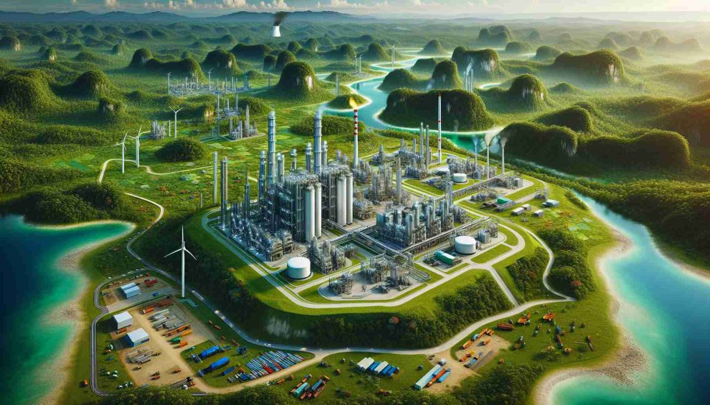 An HD image showing a massive hydrogen hub situated in a green, lush environment. The hub is comprised of multiple industrial facilities, equipped with state-of-the-art technology for hydrogen production. Surrounding the hub, the vibrant landscape of Borneo unfolds, accentuating the juxtaposition of industrialization and untouched wilderness. Economic indicators such as bustling activity, transportation of goods, and infrastructure development suggest a potential economic boom. The overall image reflects the optimism for a sustainable, green future.