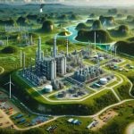 An HD image showing a massive hydrogen hub situated in a green, lush environment. The hub is comprised of multiple industrial facilities, equipped with state-of-the-art technology for hydrogen production. Surrounding the hub, the vibrant landscape of Borneo unfolds, accentuating the juxtaposition of industrialization and untouched wilderness. Economic indicators such as bustling activity, transportation of goods, and infrastructure development suggest a potential economic boom. The overall image reflects the optimism for a sustainable, green future.