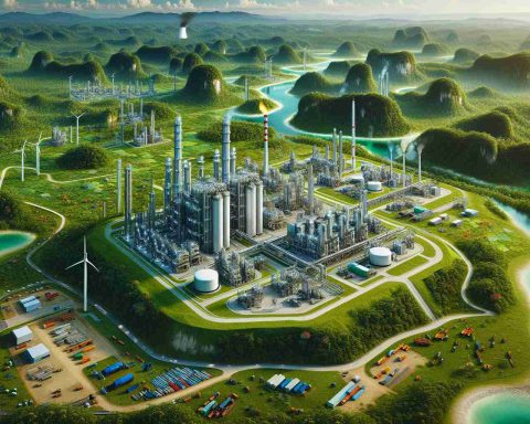 An HD image showing a massive hydrogen hub situated in a green, lush environment. The hub is comprised of multiple industrial facilities, equipped with state-of-the-art technology for hydrogen production. Surrounding the hub, the vibrant landscape of Borneo unfolds, accentuating the juxtaposition of industrialization and untouched wilderness. Economic indicators such as bustling activity, transportation of goods, and infrastructure development suggest a potential economic boom. The overall image reflects the optimism for a sustainable, green future.