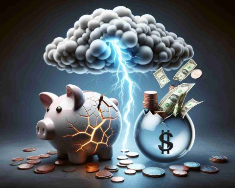 A realistic high-definition image representing the concept of a dividend dream being at risk. This could include a cracked piggy bank with coins and dollar notes flowing out, positioned next to a stylized 'dream bubble' that is deflating. The background could feature a striking lightning bolt, symbolizing the 'shocking truth'. The image should convey the tension and urgency of the situation.