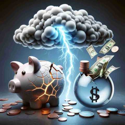 A realistic high-definition image representing the concept of a dividend dream being at risk. This could include a cracked piggy bank with coins and dollar notes flowing out, positioned next to a stylized 'dream bubble' that is deflating. The background could feature a striking lightning bolt, symbolizing the 'shocking truth'. The image should convey the tension and urgency of the situation.