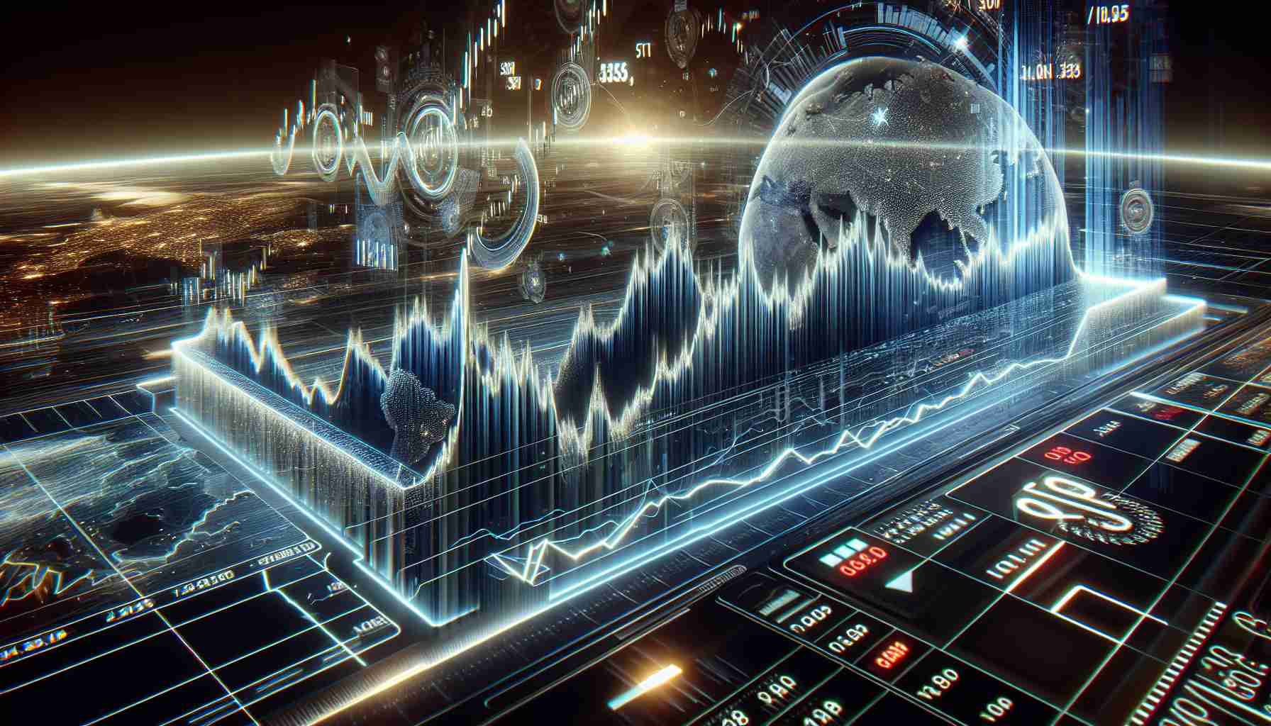 Ultra-high resolution, realistic scene depicting anxious market trends: the fluctuating line graph of a key financial index level hovers uncertainly on the edge of a significant level, indicating an imminent potential shift. The graph is surrounded by various stock market symbols, and is displayed on a futuristic digital interface, reminiscent of a next-gen trading desk. The overall mood of the image is precarious and filled with anticipation, symbolizing the fragile balance of today's volatile economy.