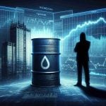 High-definition image representing the concept of an oil stock defying odds. Perhaps it is symbolically represented by a crude oil barrel overshadowed by a tall building, symbolic of the stock. The mystery element of their 'secret' could be shown with a shadowy, anonymous figure studying charts and graphs about the oil industry on a virtual screen.