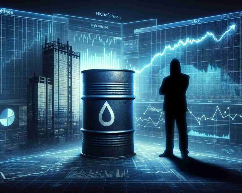 High-definition image representing the concept of an oil stock defying odds. Perhaps it is symbolically represented by a crude oil barrel overshadowed by a tall building, symbolic of the stock. The mystery element of their 'secret' could be shown with a shadowy, anonymous figure studying charts and graphs about the oil industry on a virtual screen.