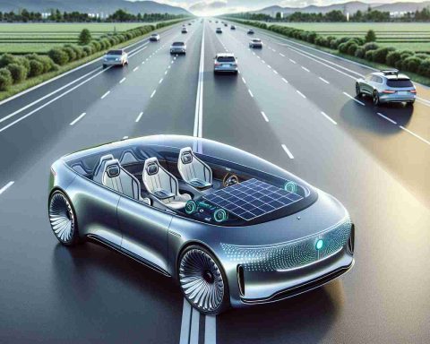 Imagine a high-definition, photorealistic depiction that conveys the future of driving. This image should capture the essence of a new era in automotive luxury. Think about self-driving cars with futuristic design elements and cutting-edge technology that implied convenience, efficiency, and luxury. Perhaps the car is sleek and streamlined, with transparent solar panels for a roof, and front seats that swivel around to face the back, turning the interior into a lounge or meeting room. The setting might be a smooth, uncongested highway running through a clean, green landscape or an advanced cityscape bustling with similar autonomous vehicles.